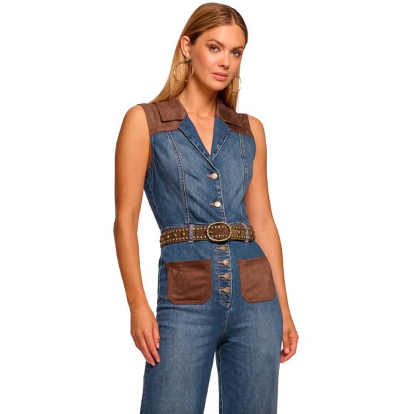777. RAMY BROOK Claudette Fauxe Suede Trim Denim Jumpsuit Wide Leg $545 - Picture 2 of 5